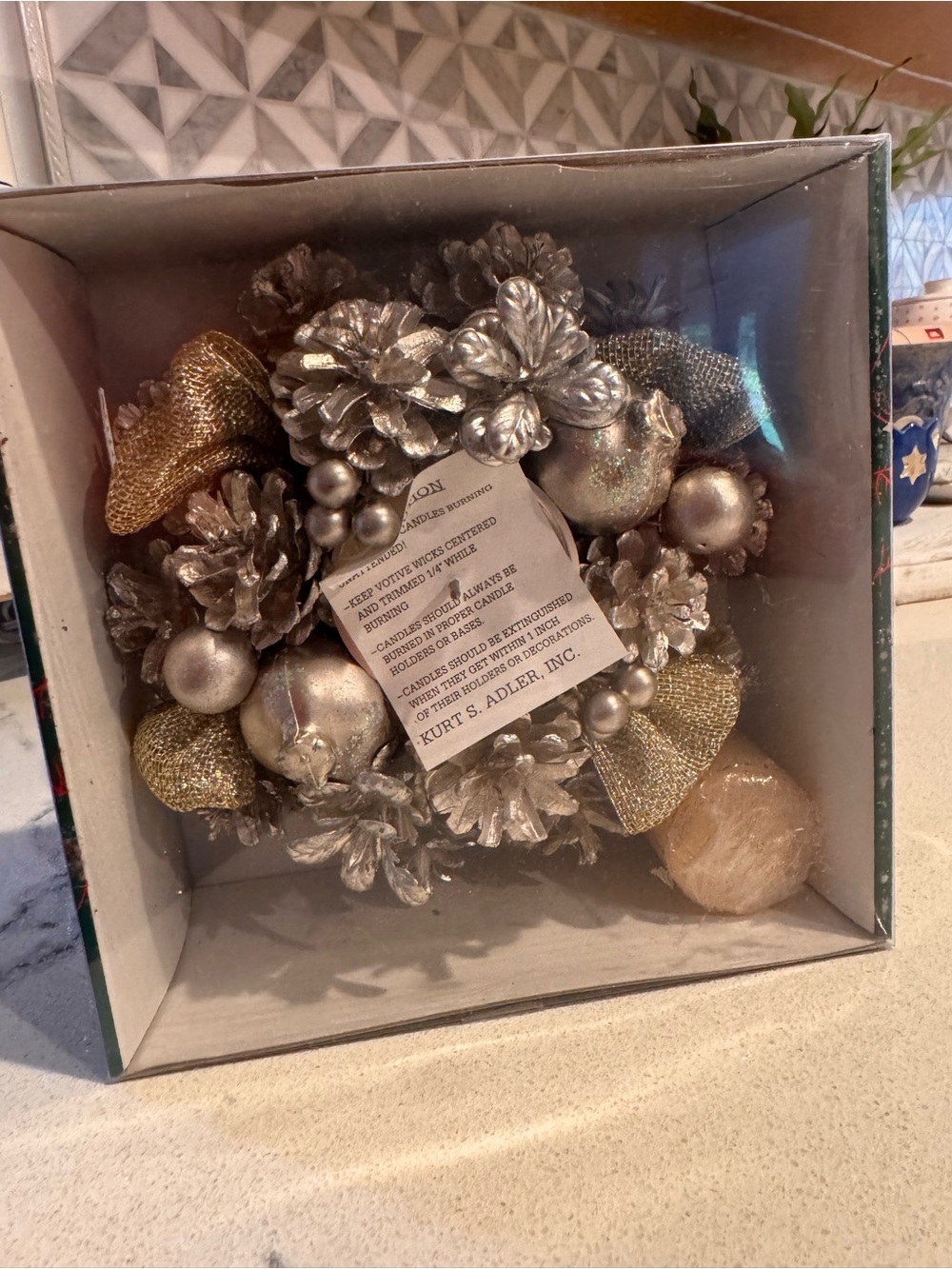 VTG Kurt S Adler Santa’s World Pinecone Candle Ring Wreath Silver Gold H1589 NIB